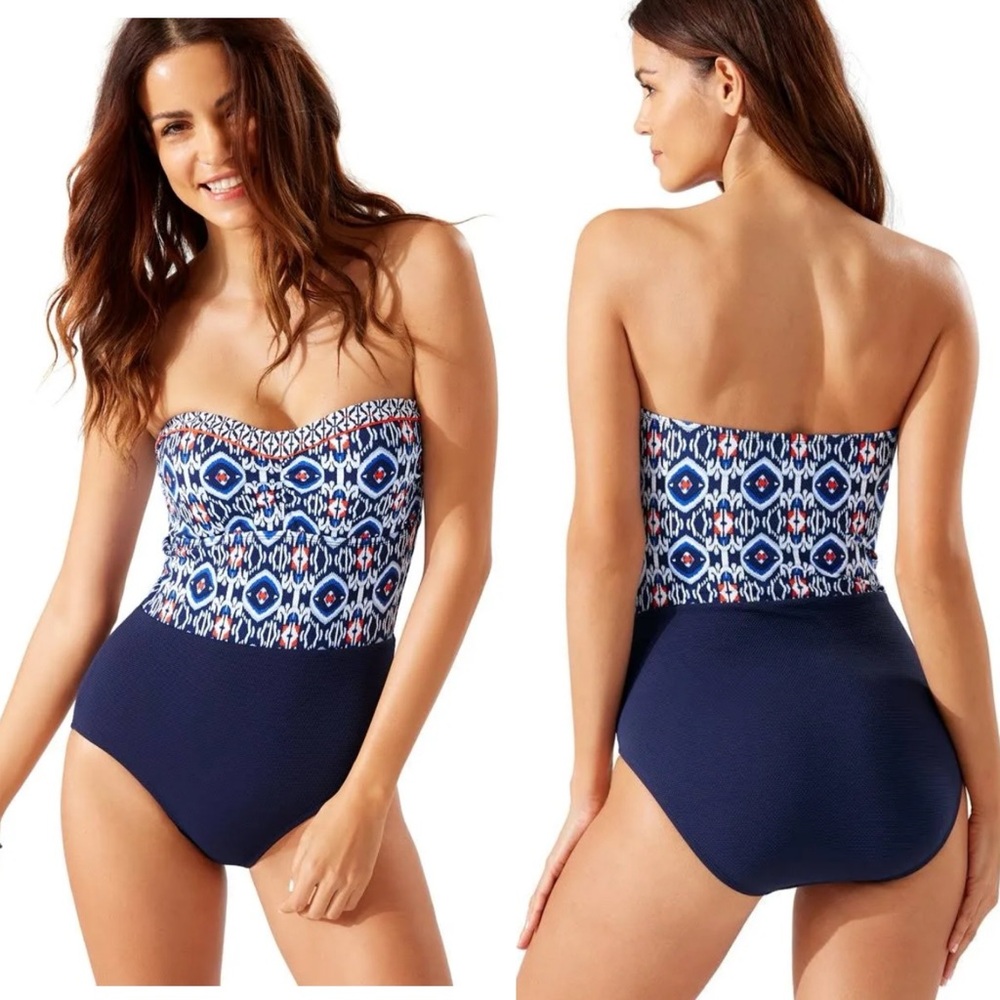 Tommy Bahama One Piece Island Cays Ikat Bandeau Swimsuit Women Size 4 Summer NEW